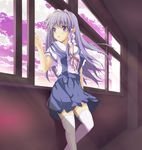  clannad fujibayashi_kyou hikarizaka_private_high_school_uniform long_hair purple_eyes purple_hair satou_takeshi school_uniform solo thighhighs window 