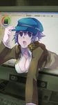  bad_id bad_pixiv_id blue_eyes blue_hair breasts cabbie_hat cleavage hanging_breasts hat large_breasts persona persona_4 ryou_(shouyu) shirogane_naoto short_hair solo through_screen 