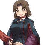  1girl alchera blue_jacket breasts brown_eyes brown_hair chiyoda_(kancolle) commentary_request headband jacket kantai_collection large_breasts long_sleeves looking_at_viewer medium_hair oil-paper_umbrella simple_background smile solo umbrella upper_body white_background 