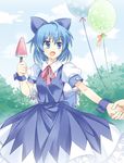  ahoge bad_id bad_pixiv_id balloon blue_eyes blue_hair bow cirno food hair_bow holding_hands out_of_frame pico_(picollector79) popsicle short_hair solo_focus touhou watermelon_bar 