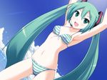  aqua_eyes aqua_hair armpits arms_up bikini blush cloud day front-tie_top hatsune_miku hyokkori_tamago light_rays long_hair open_mouth project_diva project_diva_(series) sky smile solo striped striped_bikini sunbeam sunlight swimsuit swimwear_(module) twintails vocaloid 