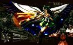  alternate_weapon arm_cannon black_hair black_wings bow cape hair_bow long_hair open_mouth radiation_symbol red_eyes reiuji_utsuho skirt solo tect third_eye touhou weapon wings 