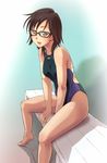  barefoot bench brown_eyes brown_hair competition_swimsuit e20 glasses houzumi_satsuki one-piece_swimsuit original short_hair sitting solo swimsuit 