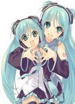  aqua_eyes aqua_hair chibi_miku detached_sleeves hands hatsune_miku headset heart heart_hands long_hair multiple_girls necktie panties pantyshot skirt striped striped_panties takei_ooki thighhighs twintails underwear vocaloid 