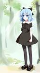  alternate_costume bizen blue_eyes blue_hair bow cirno mary_janes pantyhose shoes short_hair skirt_hold solo touhou wings 