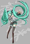  absurdly_long_hair aqua_eyes aqua_hair armpits detached_sleeves drachenriese drill drill_hair full_body hatsune_miku headphones headset legs long_hair navel necktie skirt smile solo thighhighs too_literal twintails very_long_hair vocaloid zettai_ryouiki 