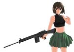  artist_request battle_rifle blue_eyes brown_hair character_request copyright_request fn_fal freckles glasses gun l1a1 midriff pleated_skirt rifle short_hair simple_background skirt solo source_request weapon white_background 