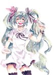 aqua_hair bad_id bad_pixiv_id blush cake dress food fork hair_ribbon hatsune_miku koike_(coikekke) long_hair pastry pom_poms ribbon simple_background skirt smile solo thighhighs traditional_media twintails very_long_hair vocaloid watercolor_(medium) world_is_mine_(vocaloid) zettai_ryouiki 