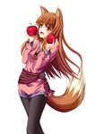  animal_ears apple brown_hair food fruit holo long_hair red_eyes solo spice_and_wolf tail tomifumi wolf_ears 