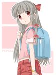  :o alternate_costume backpack bad_id bad_pixiv_id bag bow bracelet contemporary fujiwara_no_mokou hair_bow hair_ribbon highres jewelry long_hair pocket randoseru red_eyes ribbon shouji_ayumu silver_hair solo suspenders touhou younger 