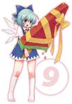  1girl bad_id bad_pixiv_id blue_eyes blue_hair bow cirno food kneehighs oversized_object popsicle short_hair socks solo touhou watermelon_bar wings yukiu_kon 