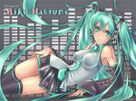  curvy green_eyes green_hair hatsune_miku headset legs long_hair lying microphone_headset necktie smile tie vocaloid 