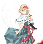  alice_margatroid arms_behind_back blonde_hair blood blue_eyes doll graphite_(medium) hairband hatchet knife mixed_media nabeshima_tetsuhiro nose_hatchet shanghai_doll short_hair sketch smirk solo touhou traditional_media 