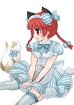  :&lt; alternate_costume animal_ears bad_id bad_pixiv_id bow bowtie braid cat cat_ears enmaided extra_ears frills garter_straps hair_ribbon jyako kaenbyou_rin maid maid_headdress open_mouth petticoat red_eyes red_hair ribbon short_hair sitting solo striped striped_legwear thighhighs touhou tray twin_braids twintails v_arms vertical-striped_legwear vertical_stripes waitress wendy's wendy_(wendy's) 