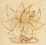  :3 bad_id bad_pixiv_id barefoot brown brown_background feet fox_tail hat kadotarou long_sleeves monochrome multiple_tails pillow_hat short_hair sketch smile solo tail tassel touhou traditional_media wide_sleeves yakumo_ran 