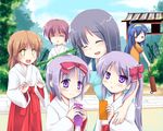  6+girls :&lt; :3 =_= ahoge closed_eyes cosplay day family hiiragi_inori hiiragi_kagami hiiragi_matsuri hiiragi_miki hiiragi_tsukasa hirano_aya izumi_konata japanese_clothes lucky_star miko mole mole_under_eye mother_and_daughter multiple_girls niiya open_mouth seiyuu_connection siblings sisters smile suzumiya_haruhi_(young) suzumiya_haruhi_(young)_(cosplay) suzumiya_haruhi_no_yuuutsu 