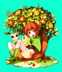  boots brown_eyes brown_hair capelet dada_(dolce) faux_figurine flower gen_4_pokemon green_capelet green_footwear gym_leader leafeon natane_(pokemon) open_mouth orange_eyes orange_hair petals pokemon pokemon_(creature) pokemon_(game) pokemon_dppt short_hair sitting smile tree turtwig yellow_eyes 