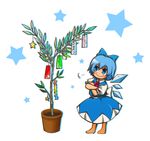  bad_id bad_pixiv_id barefoot blue_eyes blue_hair bow chibi cirno hair_bow kadotarou solo tanabata tanzaku touhou translated tree wings 