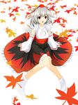  absurdres animal_ears autumn chus detached_sleeves fang hat highres inubashiri_momiji leaf maple_leaf sitting solo tail tokin_hat touhou white_hair wolf_ears wolf_tail 