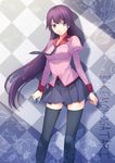  argyle argyle_background bakemonogatari black_legwear blue_eyes copyright_name face long_hair looking_at_viewer monogatari_(series) necktie pleated_skirt purple_hair school_uniform senjougahara_hitagi skirt solo stapler thighhighs yanagi_(tsukiakari) zettai_ryouiki 