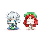  :d ^_^ apron bad_id bad_pixiv_id blue_eyes braid chibi closed_eyes hat holding_needle hong_meiling izayoi_sakuya maid maid_headdress multiple_girls needle nuime open_mouth red_hair sewing silver_hair smile star tank_top thread touhou twin_braids waist_apron 