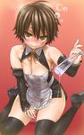  ahoge apron asanagi bare_shoulders black_legwear blush breasts brown_hair bubble cleavage detached_sleeves dream_c_club dream_c_club_(series) drunk duplicate highres large_breasts messy nao_(dream_c_club) naughty_face neck_ribbon ribbon short_hair solo spill thighhighs wet yellow_eyes 