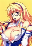  absurdres blonde_hair blue_eyes blush bow breasts cleavage cleavage_cutout detached_sleeves english freezing glasses hairband highres kim_kwang_hyun large_breasts long_hair long_sleeves looking_at_viewer mouth_hold no_bra official_art satellizer_el_bridget semi-rimless_eyewear shirt solo under-rim_eyewear upper_body yellow_eyes 