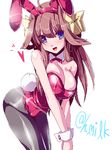  animal_ears blue_eyes bow bowtie breasts brown_hair bunny_ears bunny_tail bunnysuit cleavage detached_collar double_bun hair_ribbon kantai_collection kongou_(kantai_collection) large_breasts long_hair miuku_(marine_sapphire) pantyhose ribbon solo tail wrist_cuffs 