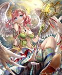  angel_wings armor blue_eyes blush crossed_legs feathers gloves hair_ornament hairband highres holding jewelry kneehighs long_hair looking_at_viewer official_art pisuke red_hair shingoku_no_valhalla_gate shoes sitting skirt smile solo staff wings 