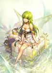  bangs bare_shoulders barefoot breasts choker cleavage dress fairy fairy_wings flower green_hair large_breasts light_particles long_hair looking_at_viewer metto original parted_lips ribbon_choker sash sitting smile soaking_feet solo strapless strapless_dress water wings yellow_eyes 