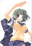  :d amazuyu_tatsuki bag blue_eyes breasts comic_party green_hair highres large_breasts neckerchief number official_art ooba_eimi open_mouth outstretched_arm school_bag school_uniform shirt short_hair short_sleeves skirt smile solo vest white_background 