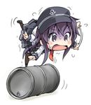  akatsuki_(kantai_collection) anchor_symbol bad_id bad_twitter_id balancing black_footwear black_legwear black_skirt chibi commentary drum_(container) flailing flat_cap full_body hair_between_eyes ham_(points) hat inactive_account kantai_collection long_hair pleated_skirt purple_eyes purple_hair shoes simple_background skirt solo sweatdrop thighhighs white_background 