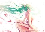  backlighting dress floating_hair flower from_side green_eyes green_hair hair_flower hair_ornament hatsune_miku long_hair mirunai petals solo twintails very_long_hair vocaloid white_background 