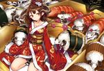  blush breasts brown_hair chinese_zodiac flower food hair_flower hair_ornament horns japanese_clothes kimono large_breasts long_hair long_sleeves new_year obi original osechi pointy_ears pyz_(cath_x_tech) red_eyes sash sheep smile solo very_long_sleeves white_legwear year_of_the_goat 