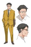  belt black_eyes black_hair black_neckwear briefcase carrying_under_arm closed_mouth collared_shirt doraemon formal glasses hand_in_pocket jacket legs_apart looking_at_viewer male_focus multiple_views necktie open_mouth pants pop_kyun profile rimless_eyewear sensei_(doraemon) shirt sideburns simple_background smile standing suit tokimeki_memorial tokimeki_memorial_girl's_side white_background white_shirt wrinkles yellow_jacket yellow_pants 