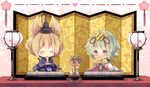  blonde_hair blush chibi closed_eyes covering_mouth green_eyes green_hair hair_ornament hat hinamatsuri japanese_clothes kimono multiple_girls pillow piyokichi ritual_baton saishi sitting smile soga_no_tojiko touhou toyosatomimi_no_miko vase 