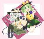  blush bow clenched_hand collaboration dual_persona eyeball green_eyes green_hair hat hat_bow heart heart_of_string jumping komeiji_koishi long_sleeves looking_at_viewer multiple_girls one_eye_closed open_mouth pantyhose short_hair silver_hair sitting skirt third_eye touhou wide_sleeves yakimochi yamase 