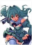  absurdres aqua_hair breasts cassie_lockheart cleavage fingerless_gloves freezing gloves highres kim_kwang_hyun long_hair medium_breasts official_art open_mouth red_eyes scan simple_background solo thighhighs weapon white_background 