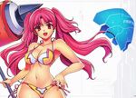  absurdres bangs bare_shoulders bikini breasts character_name cleavage collarbone freezing hammer highres holding holding_weapon huge_filesize kim_kwang_hyun large_breasts long_hair looking_at_viewer midriff navel official_art open_mouth pink_eyes pink_hair side-tie_bikini solo stomach swimsuit twintails weapon windymay 
