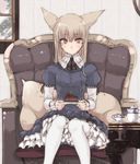  animal_ears armchair cake chair coffee_table cup cushion dress fluffy food fox_ears fox_tail frilled_shirt_collar frills holding holding_plate juliet_sleeves light_brown_hair lolita_fashion long_sleeves looking_at_viewer original pantyhose plate puffy_sleeves purple_eyes ribbon saucer sitting slice_of_cake solo tail teacup teapot touma_kisa white_legwear 