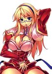  absurdres blonde_hair blue_eyes blush bow breasts cleavage cleavage_cutout detached_sleeves freezing glasses hairband highres kim_kwang_hyun lace lace-trimmed_shirt large_breasts long_hair long_skirt long_sleeves looking_at_viewer mouth_hold no_bra official_art satellizer_el_bridget scan semi-rimless_eyewear shirt skirt sleeves_past_wrists solo under-rim_eyewear 