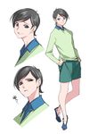  bangs black_hair closed_mouth dekisugi_hidetoshi doraemon frown green_shirt green_shorts hands_in_pockets leg_up looking_at_viewer male_focus multiple_views pop_kyun shirt shoes short_hair shorts simple_background smile swept_bangs tokimeki_memorial tokimeki_memorial_girl's_side white_background 