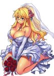  absurdres bare_shoulders blonde_hair blue_eyes blush bouquet breasts bridal_veil bride cleavage dress earrings elbow_gloves flower freezing full_body glasses gloves hair_flower hair_ornament high_heels highres huge_breasts jewelry kim_kwang_hyun kneeling legs light_smile long_hair necklace official_art rose satellizer_el_bridget scan shoes simple_background sitting solo sparkle strapless strapless_dress thighs veil wariza wedding_dress white_background 