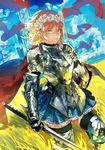  armor blonde_hair blue_eyes breastplate cape earrings field flag flower gauntlets greaves headwear_removed helmet helmet_removed jewelry land_of_caromag original ran_(pixiv2957827) skirt solo sword thighhighs weapon wreath zettai_ryouiki 