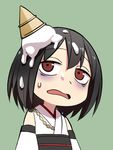  bags_under_eyes black_hair brown_eyes detached_sleeves food food_on_head green_background ice_cream ice_cream_cone ice_cream_cone_on_head kantai_collection kinosuke_(sositeimanoga) nontraditional_miko object_on_head short_hair simple_background solo upper_body yamashiro_(kantai_collection) 