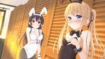  animal_ears bad_id bad_pixiv_id bare_shoulders black_hair blonde_hair blue_eyes blush bow bowtie breast_conscious bunny_ears bunnysuit cabinet covering covering_breasts curtains detached_collar highres karutamo kasumigaoka_utaha long_hair looking_at_viewer multiple_girls oversized_breast_cup pantyhose red_eyes saenai_heroine_no_sodatekata sawamura_spencer_eriri smile standing tears twintails window 