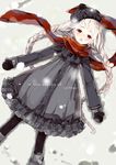  :o beanie boots braid coat_dress dress frilled_dress frills gomzi grey_hair hat long_hair lying md5_mismatch mittens on_back original pantyhose red_eyes red_scarf scarf snow solo twin_braids winter 