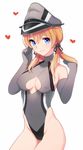  adapted_costume bad_id bad_pixiv_id bare_shoulders blonde_hair blue_eyes breasts cleavage cleavage_cutout covered_nipples elbow_gloves gloves grey_gloves hat heart highleg highleg_leotard kantai_collection leotard long_hair looking_at_viewer medium_breasts prinz_eugen_(kantai_collection) shijuu simple_background smile solo twintails white_background 