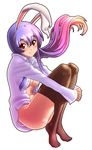  absurdres animal_ears blush breasts brown_legwear bunny_ears bunny_tail dress_shirt highres kezune_(i-_-i) large_breasts long_hair long_sleeves looking_at_viewer naked_shirt no_bra no_panties open_clothes open_shirt purple_hair red_eyes reisen_udongein_inaba shirt simple_background smile solo tail thighhighs touhou white_background 