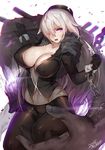  atago_(kantai_collection) black_gloves breasts chain cleavage corruption covered_nipples dark_persona gloves hat highres kantai_collection large_breasts long_hair looking_at_viewer mukka open_mouth pantyhose purple_eyes shinkaisei-kan silver_hair solo thighband_pantyhose 